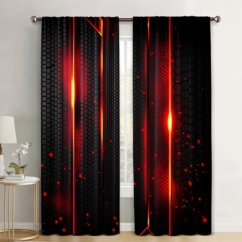 The Office Tech - 2er-Set Lava-Vorhänge Schwarz-Rot mit Riss-Magma-Print –